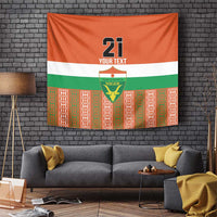Orange tapestry with white/green stripes, Niger crest, '21 YOUR TEXT'.