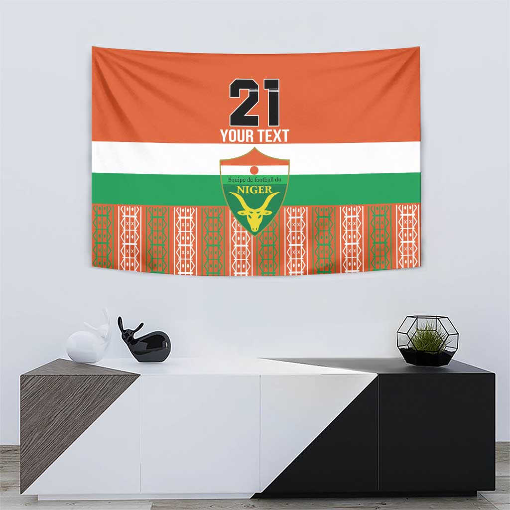 Orange hanging tapestry with '21 YOUR TEXT', Niger emblem, white/green stripe band.