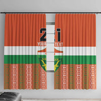 Custom window curtain panels with orange, white, green Niger flag design and number 21.