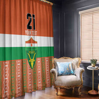 Custom window curtain panels, orange/white/green Niger design with number 21 and crest.