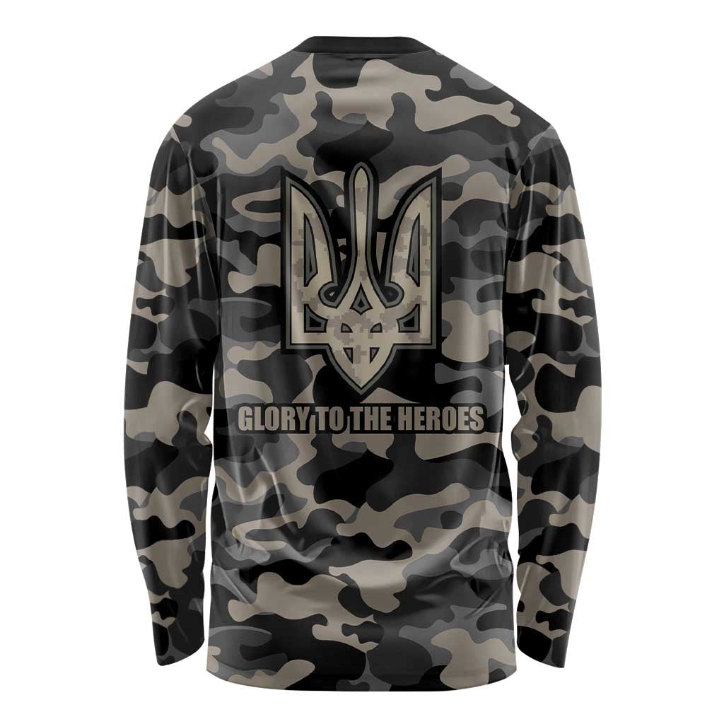 Camo long-sleeve shirt with large back emblem and “Glory to the Heroes” text
