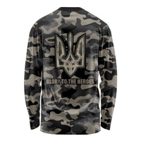 Camo long-sleeve shirt with large back emblem and “Glory to the Heroes” text