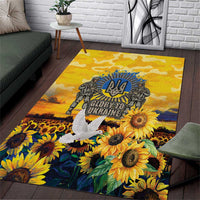 Gold area rug with sunflowers, blue emblem, and soldier graphic in modern art style