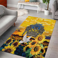 Modern art area rug with yellow sunflowers, blue shield emblem, and soldier print center