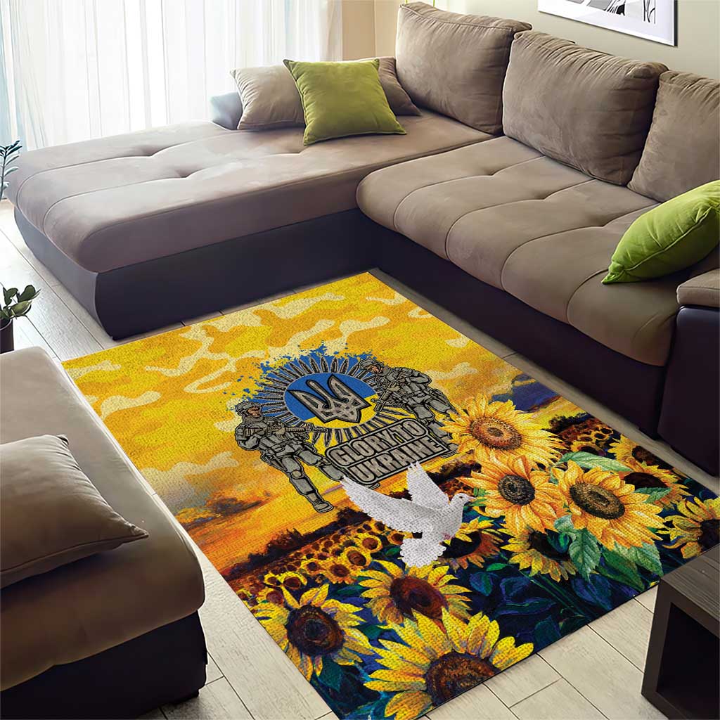 Sunflower field area rug with gold background, blue emblem, and soldier graphic design