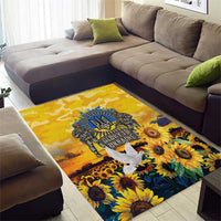 Sunflower field area rug with gold background, blue emblem, and soldier graphic design