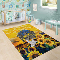 Gold and dark blue sunflower area rug with blue emblem and soldier graphic for nursery room