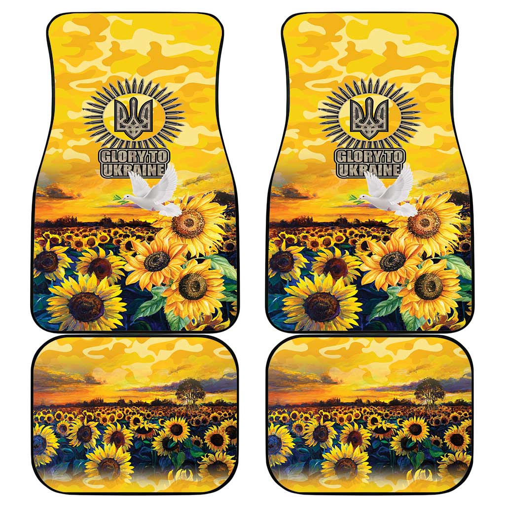 Four car floor mats set, sunflower field artwork on gold camo, Glory to Ukraine emblem