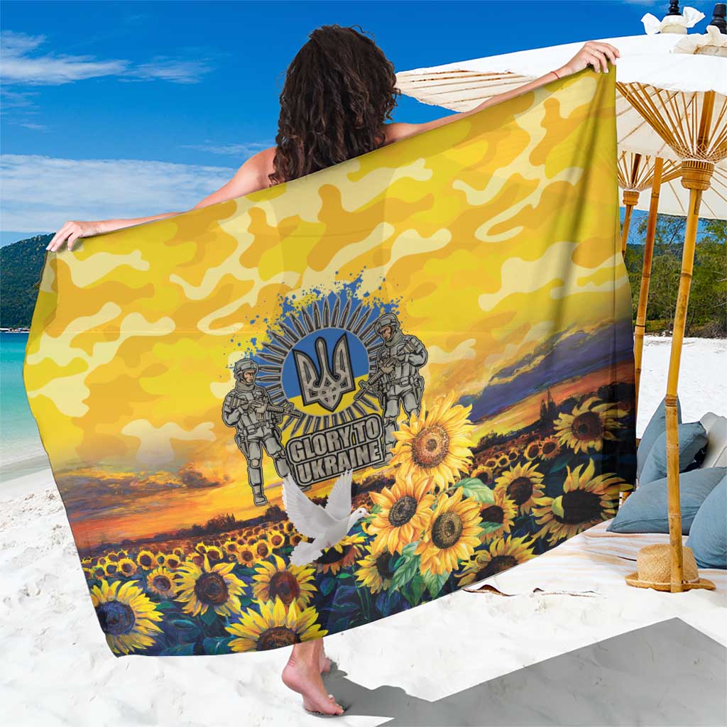 Gold sunflower sarong with modern art field print, draped across arms