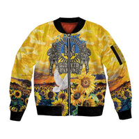 Gold unisex bomber jacket with zip front, ribbed trim, and sunflower field graphic