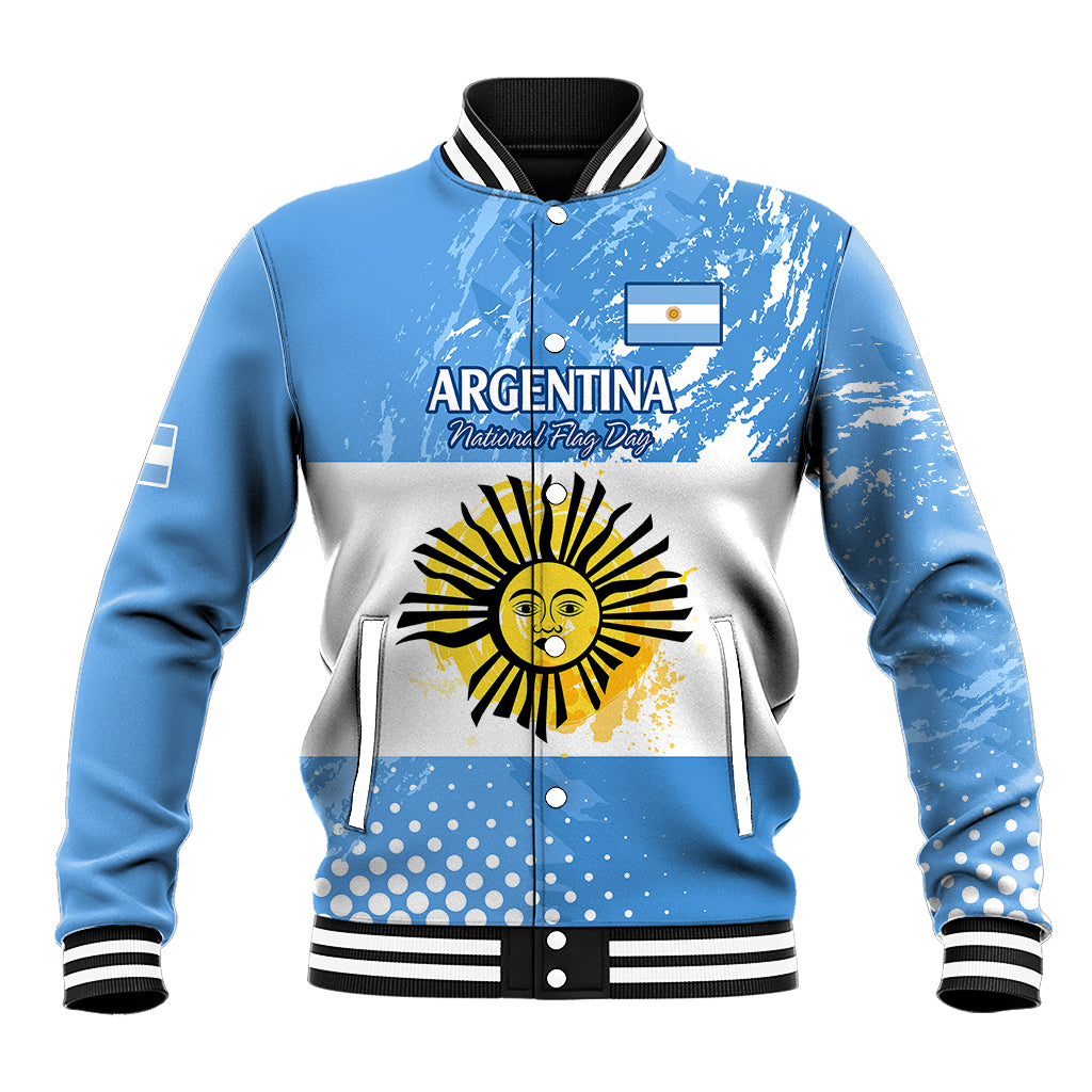 Baseball varsity jacket with Argentina text, sun emblem, blue-and-white front, striped collar