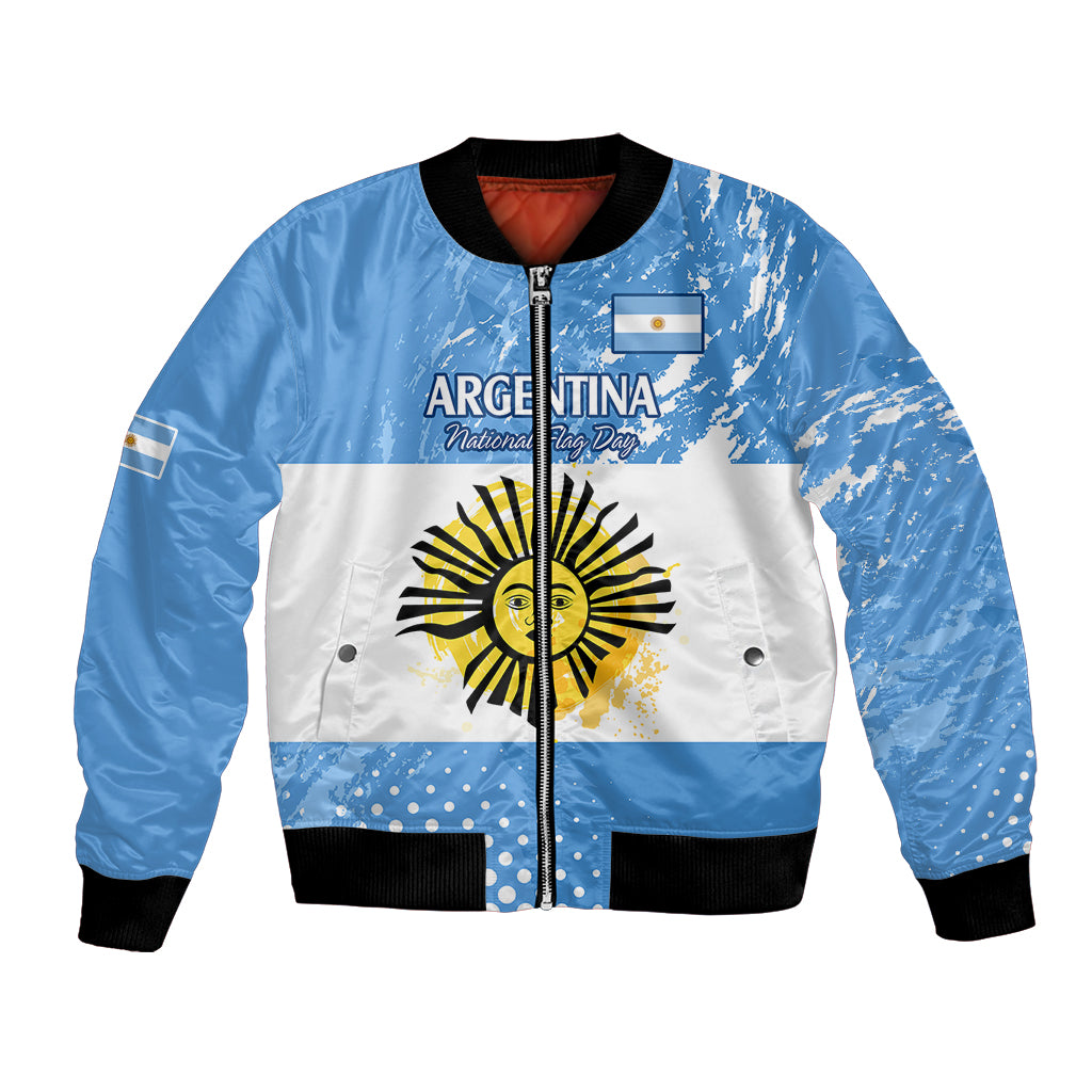 Blue bomber jacket with Argentina flag print, front zipper, black ribbed cuffs and hem