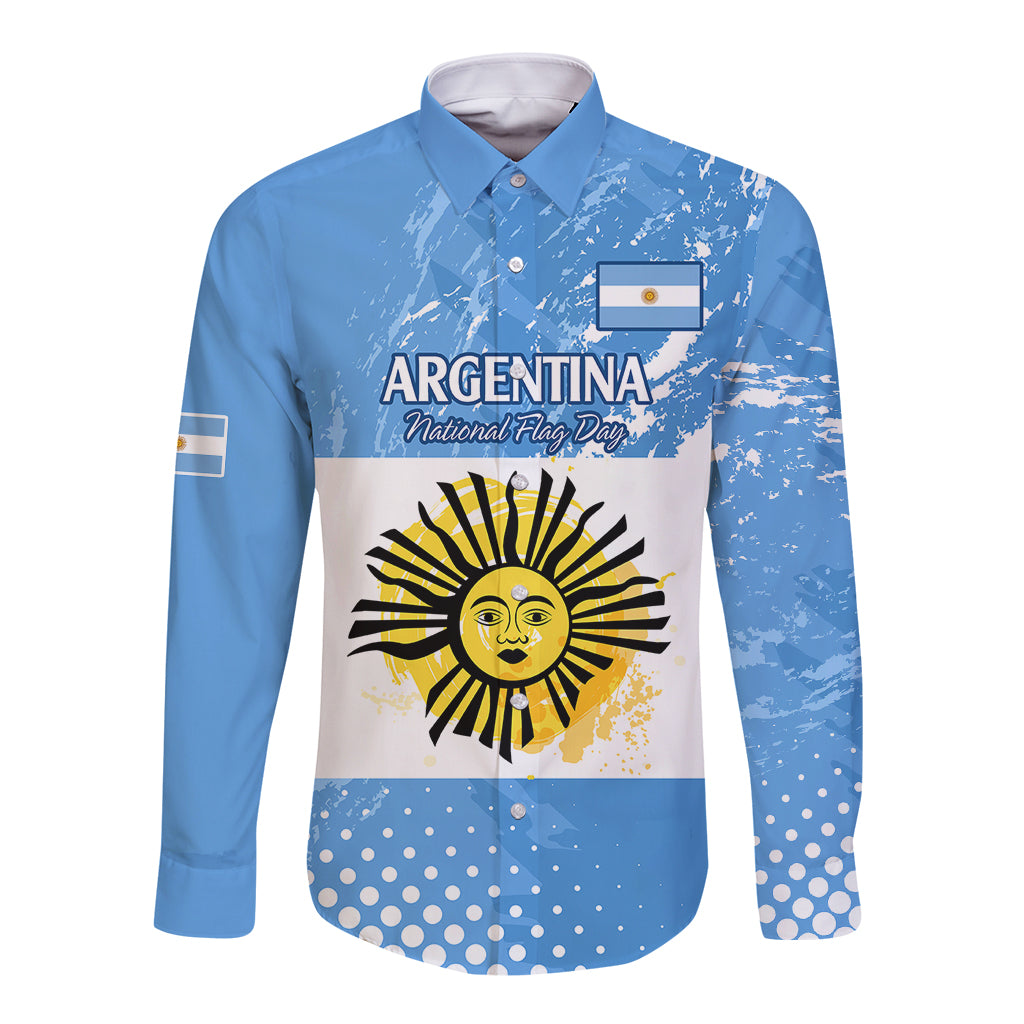 Blue long-sleeve button shirt with Argentina print and sun emblem on front
