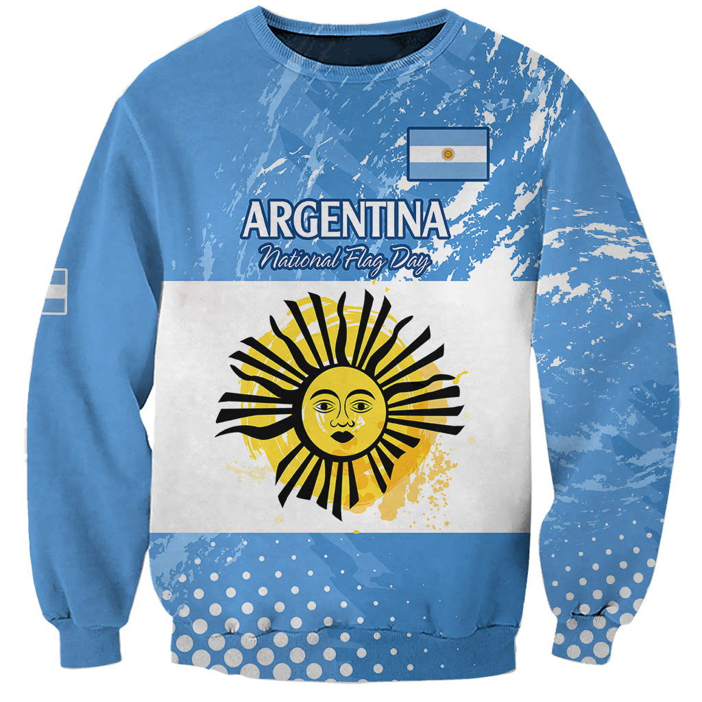 Blue unisex sweatshirt with Argentina Flag Day graphic and sun emblem panel