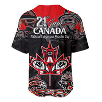 Red and black Canada baseball jersey, back view with 24 June, crest and Indigenous art