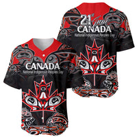 Red and black Canada baseball jersey, front and back with Indigenous art and Canada text