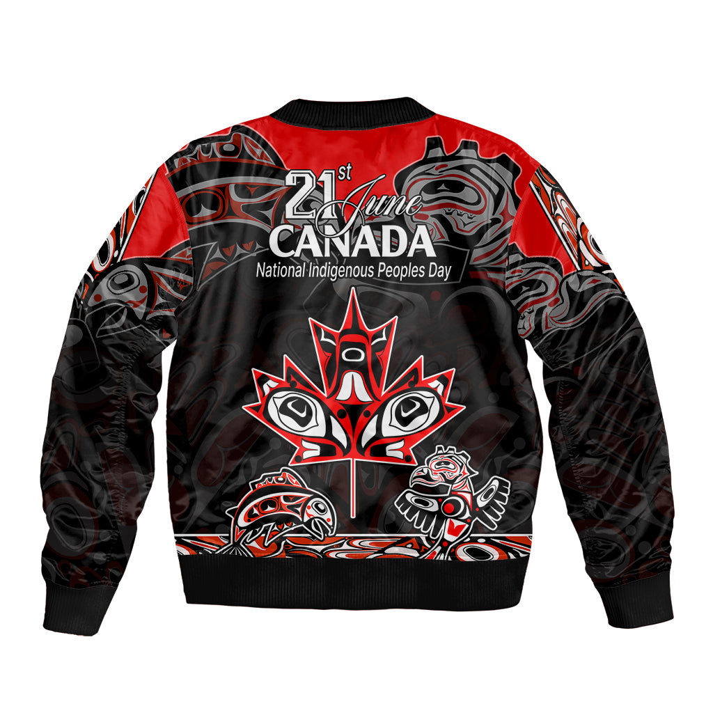 Red and black bomber jacket with crew collar and large back tribal artwork