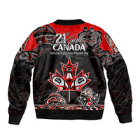 Red and black bomber jacket with crew collar and large back tribal artwork