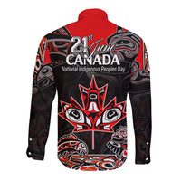 Red long-sleeve button shirt, back graphic with Canada text and tribal art