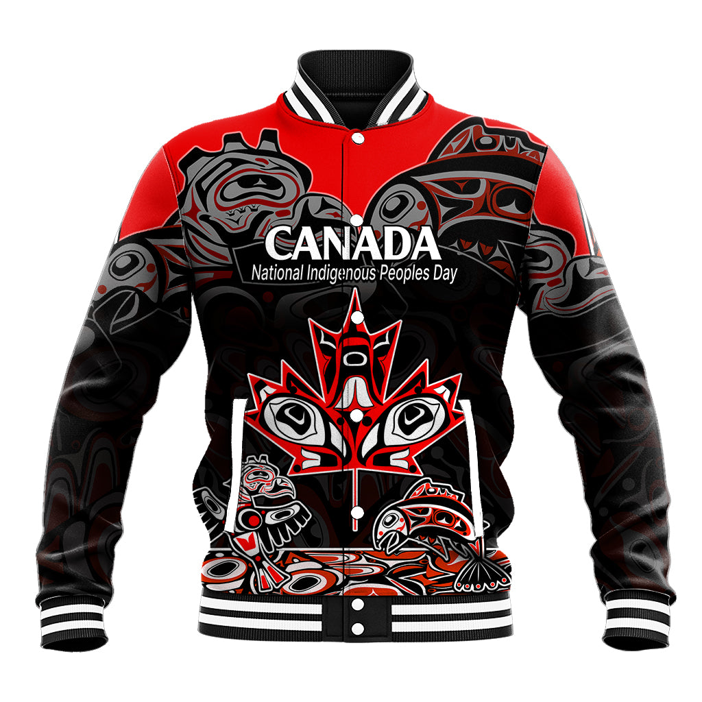 Red and black varsity baseball jacket with Indigenous art front graphic and striped ribbed collar
