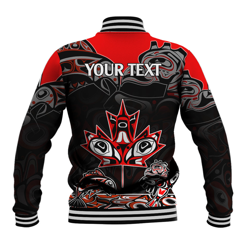 Red and black baseball jacket back view, striped ribbed collar, Indigenous art panel: YOUR TEXT
