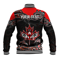 Red and black baseball jacket back view, striped ribbed collar, Indigenous art panel: YOUR TEXT