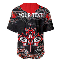Red and black baseball jersey back with YOUR TEXT and maple leaf graphic
