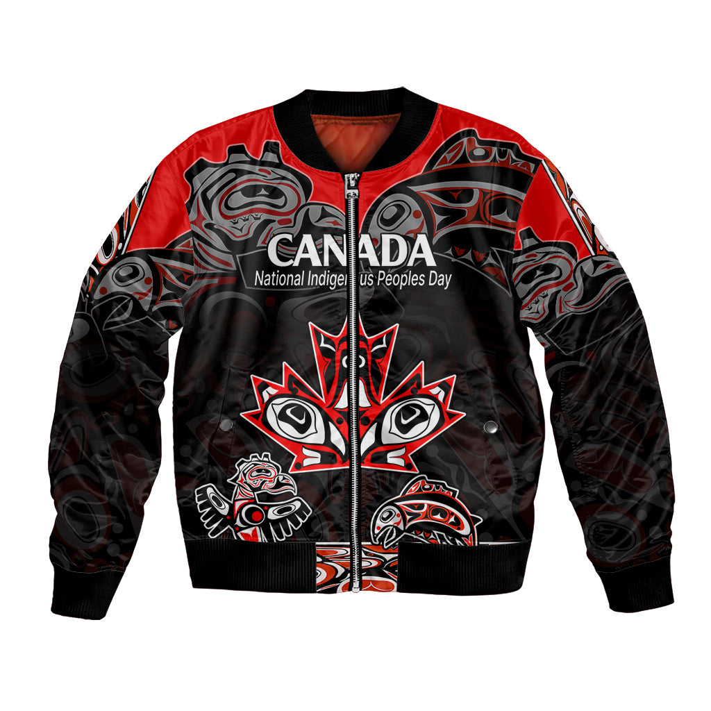 Red and black bomber jacket with full-zip front and Indigenous-style CANADA graphic