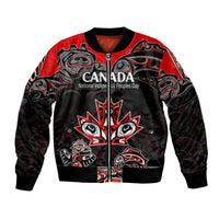 Red and black bomber jacket with full-zip front and Indigenous-style CANADA graphic