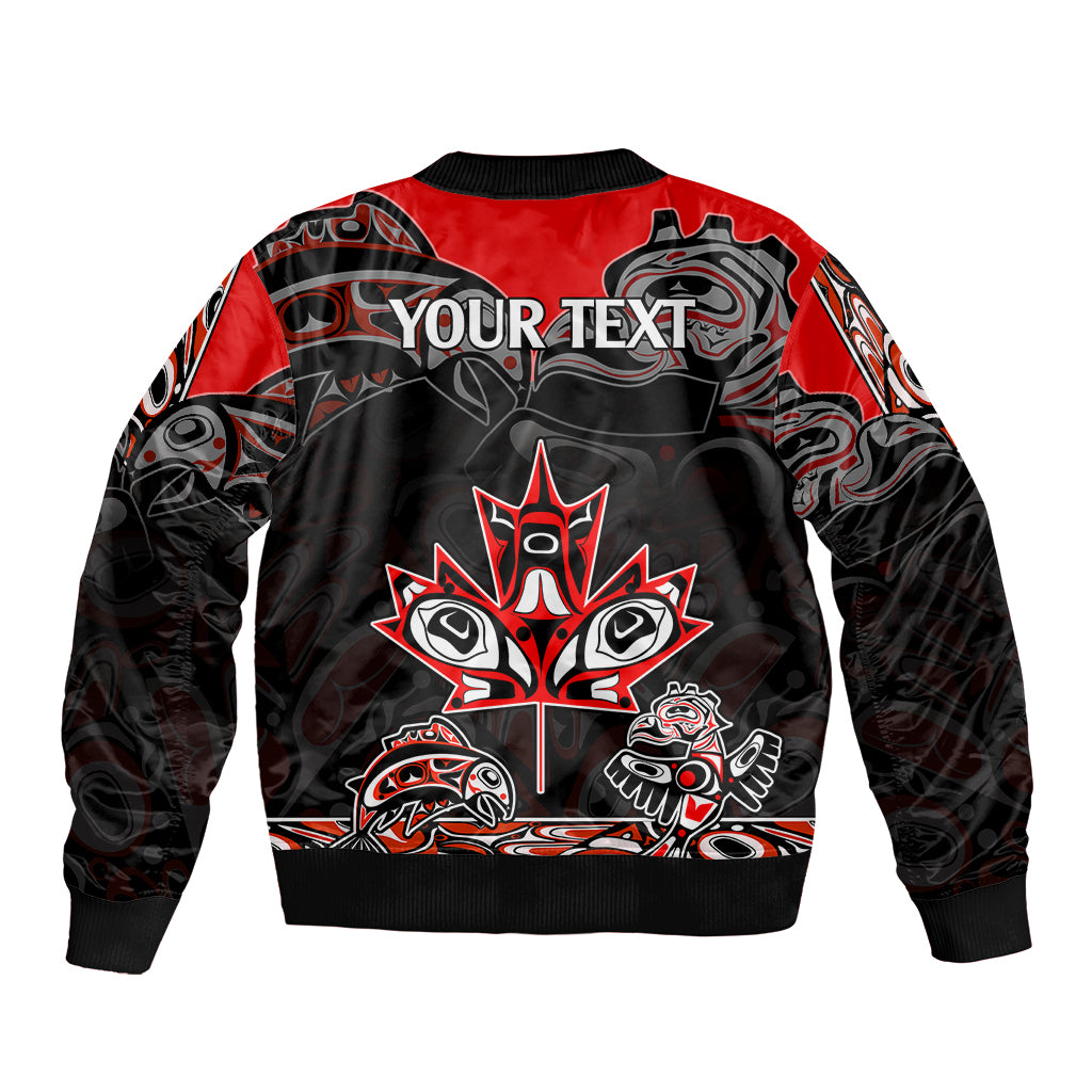 Black and red bomber jacket with full-zip and Indigenous art plus 'YOUR TEXT' banner