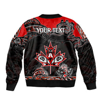 Black and red bomber jacket with full-zip and Indigenous art plus 'YOUR TEXT' banner