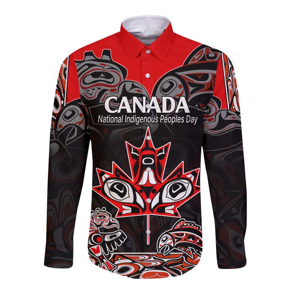 Red long-sleeve button shirt with bold Indigenous-style front graphic and Canada text