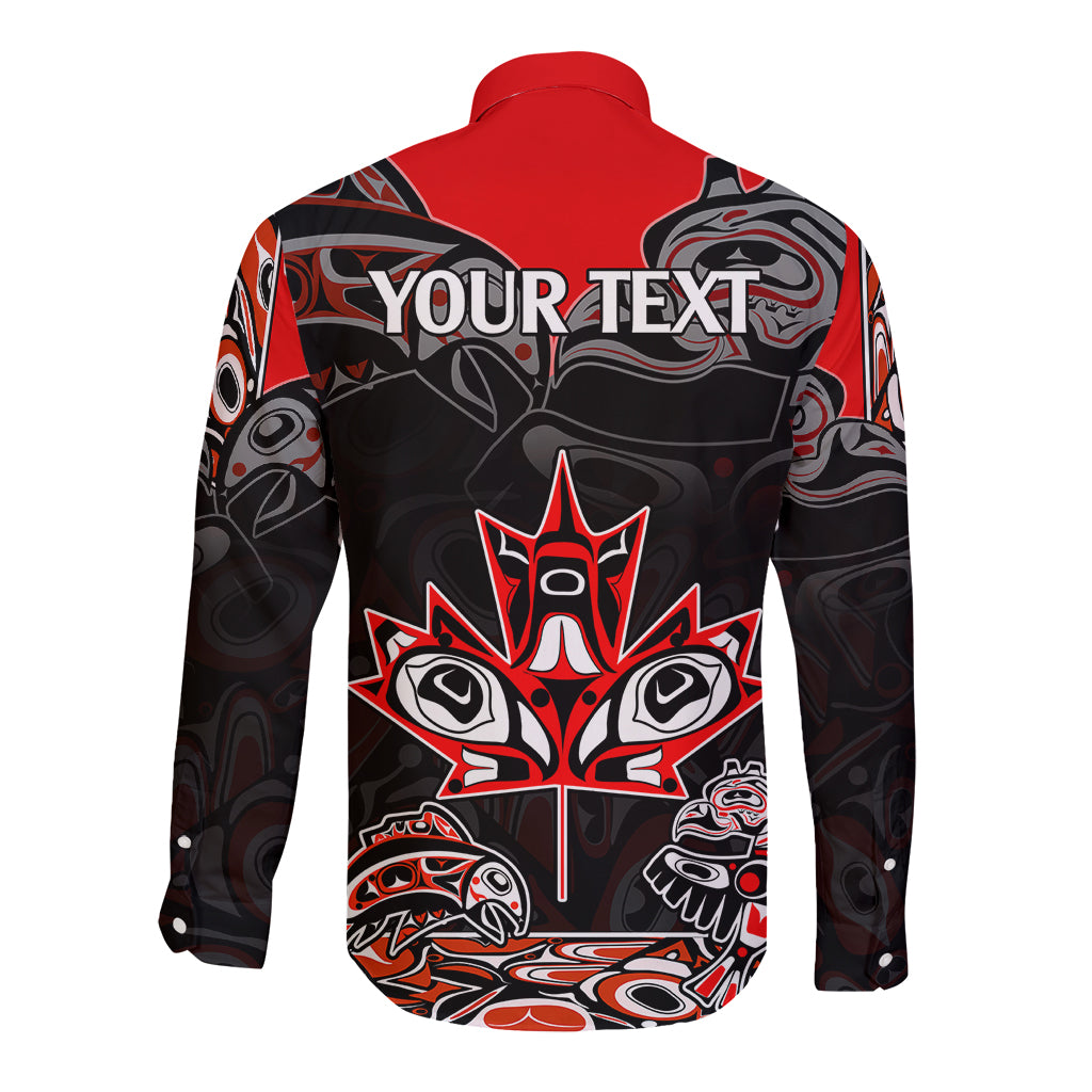 Red long-sleeve button shirt with back graphic and large 'YOUR TEXT' lettering