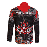 Red long-sleeve button shirt with back graphic and large 'YOUR TEXT' lettering