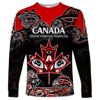 Red long-sleeve shirt with Canada National Indigenous Peoples Day art graphic