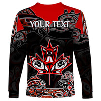 Red long-sleeve shirt with custom Your Text header and Indigenous art