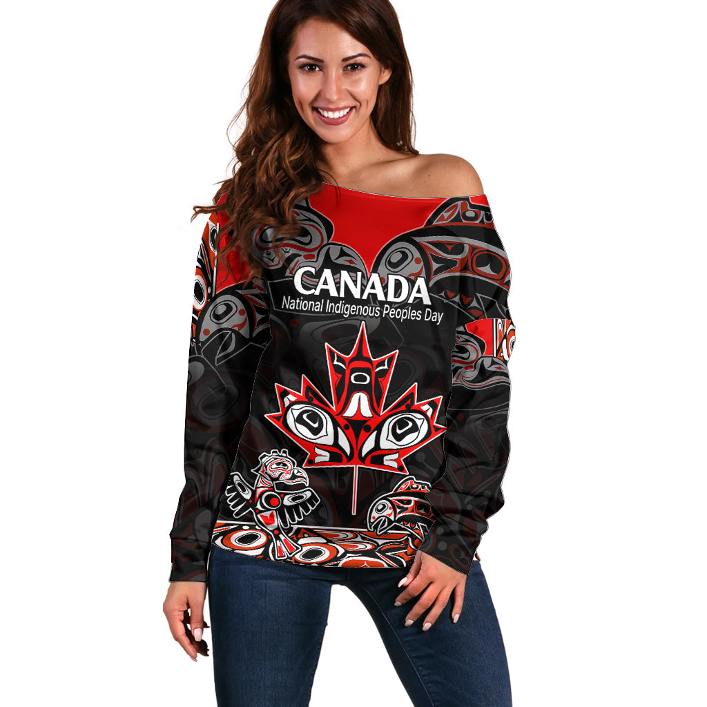 Custom Canada National Aboriginal Day Off Shoulder Sweater Indigenous Art Stylization - Wonder Print Shop