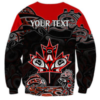 Red sweatshirt with “YOUR TEXT” banner and Indigenous art graphic, crew neck.
