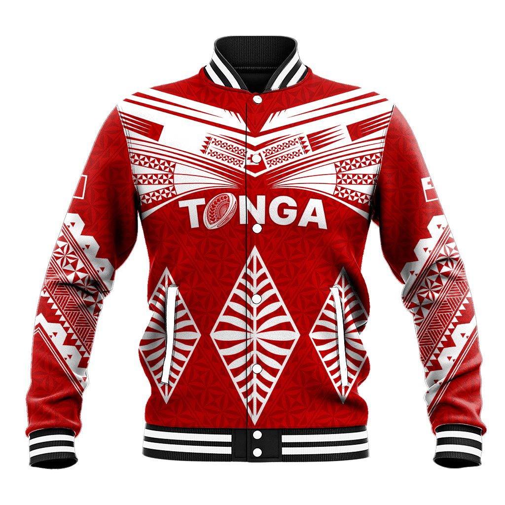 Red varsity baseball jacket with white tribal print, striped collar, ribbed cuffs and hem