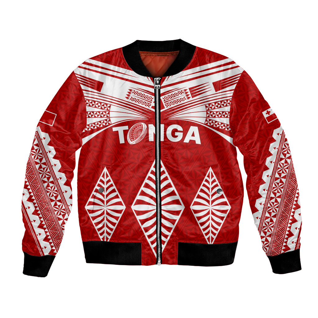 Red bomber jacket with white tribal pattern, zip front, black ribbed cuffs and hem