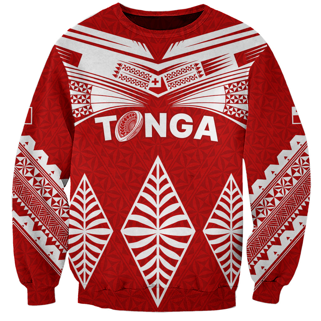 Red Tonga rugby sweatshirt with large TONGA print and leaf motifs, long sleeves
