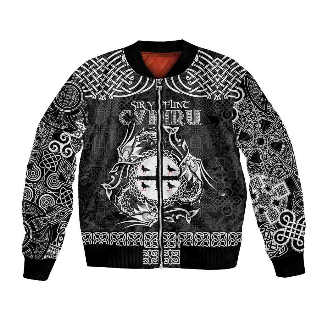 Personalized Flintshire Sir y Fflint Bomber Jacket Black Four Choughs Celtic-inspired - Wonder Print Shop