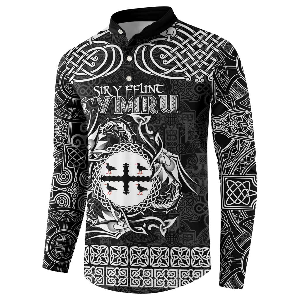 Personalized Flintshire Sir y Fflint Button Sweatshirt Black Four Choughs Celtic-inspired - Wonder Print Shop