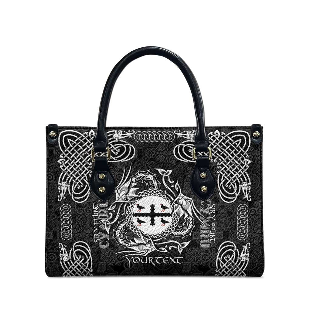 Personalized Flintshire Sir y Fflint Leather Bag Black Four Choughs Celtic-inspired - Wonder Print Shop