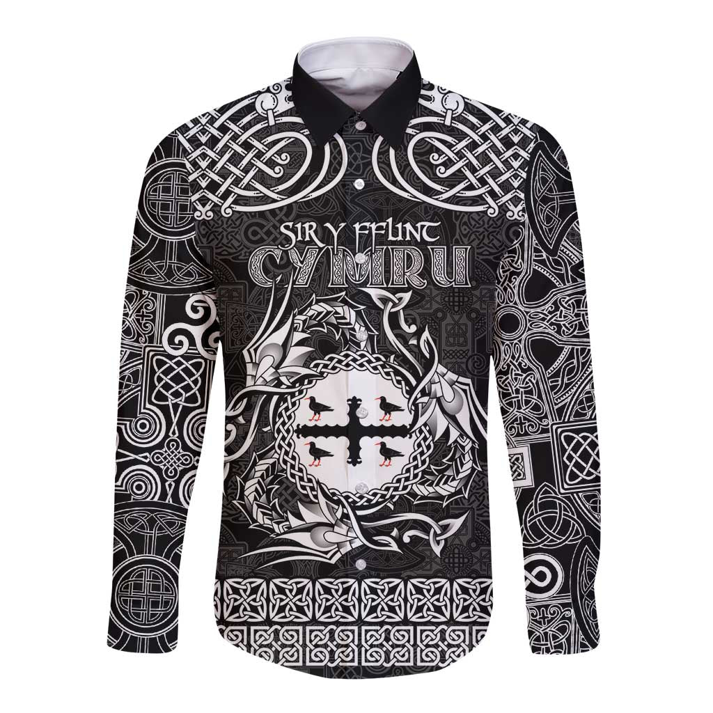 Black long-sleeve button shirt with Celtic crest and chough graphic, ornate white pattern