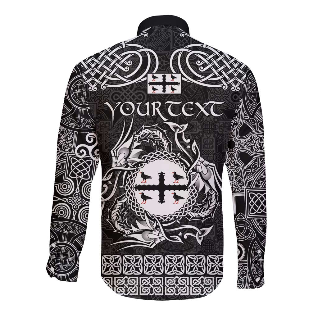Black long-sleeve button shirt back with Celtic crest graphic and 'YOUR TEXT' area, ornate pattern