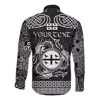 Black long-sleeve button shirt back with Celtic crest graphic and 'YOUR TEXT' area, ornate pattern
