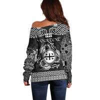 Personalized Flintshire Sir y Fflint Off Shoulder Sweater Black Four Choughs Celtic-inspired - Wonder Print Shop