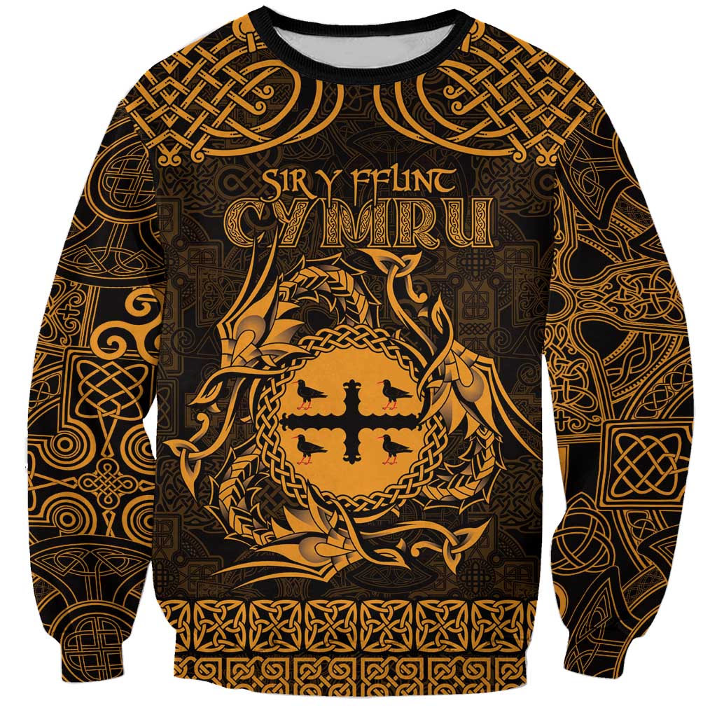 Personalized Flintshire Sir y Fflint Sweatshirt Gold Four Choughs Celtic-inspired - Wonder Print Shop