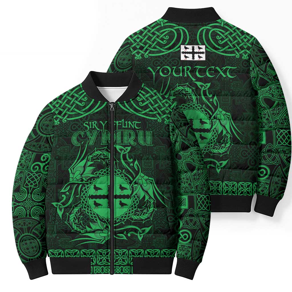 Personalized Flintshire Sir y Fflint Bomber Puffer Jacket Green Four Choughs Celtic-inspired - Wonder Print Shop
